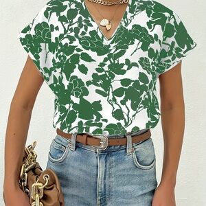 Elegant Green Floral V-Neck Women's Top